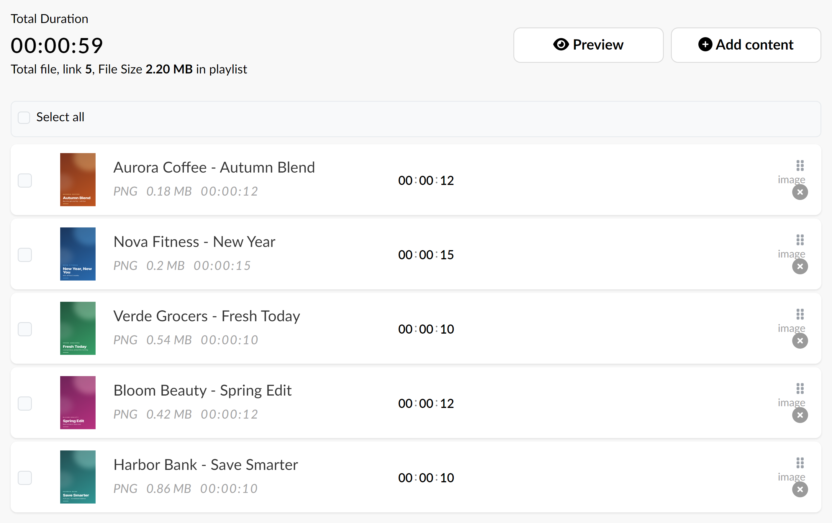 Screen CMS playlist with campaign creatives and playback durations