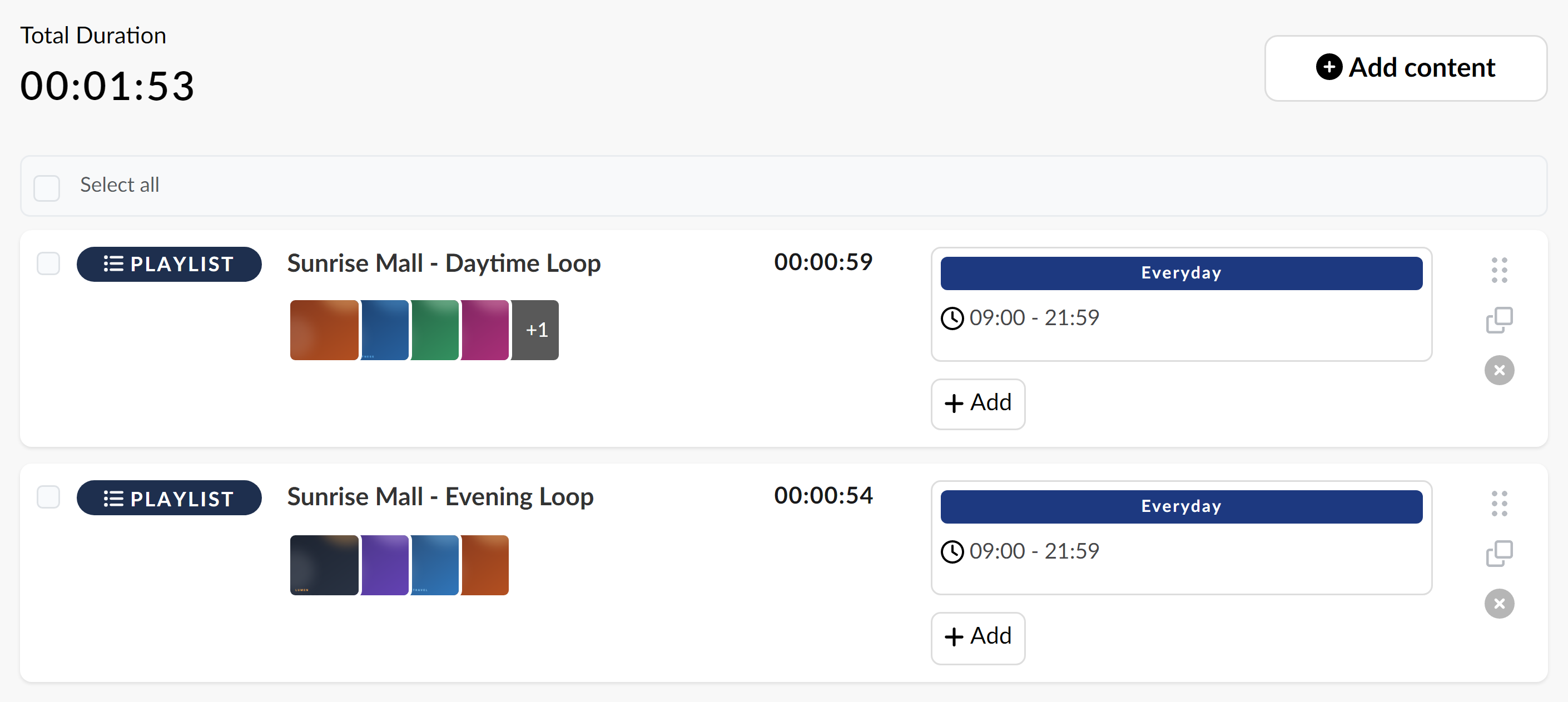 Screen CMS channel with daytime and evening playlists