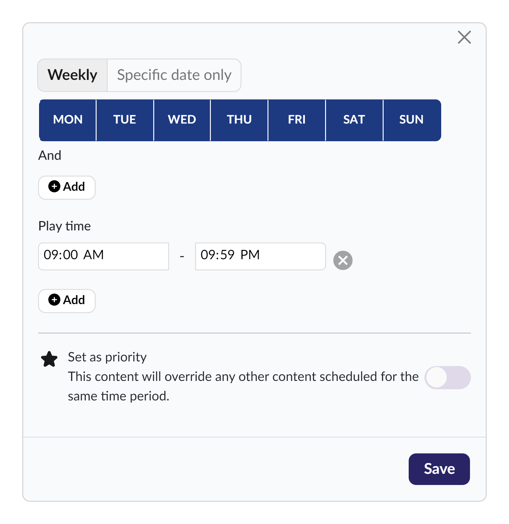 Screen CMS weekly schedule editor with daily playback windows