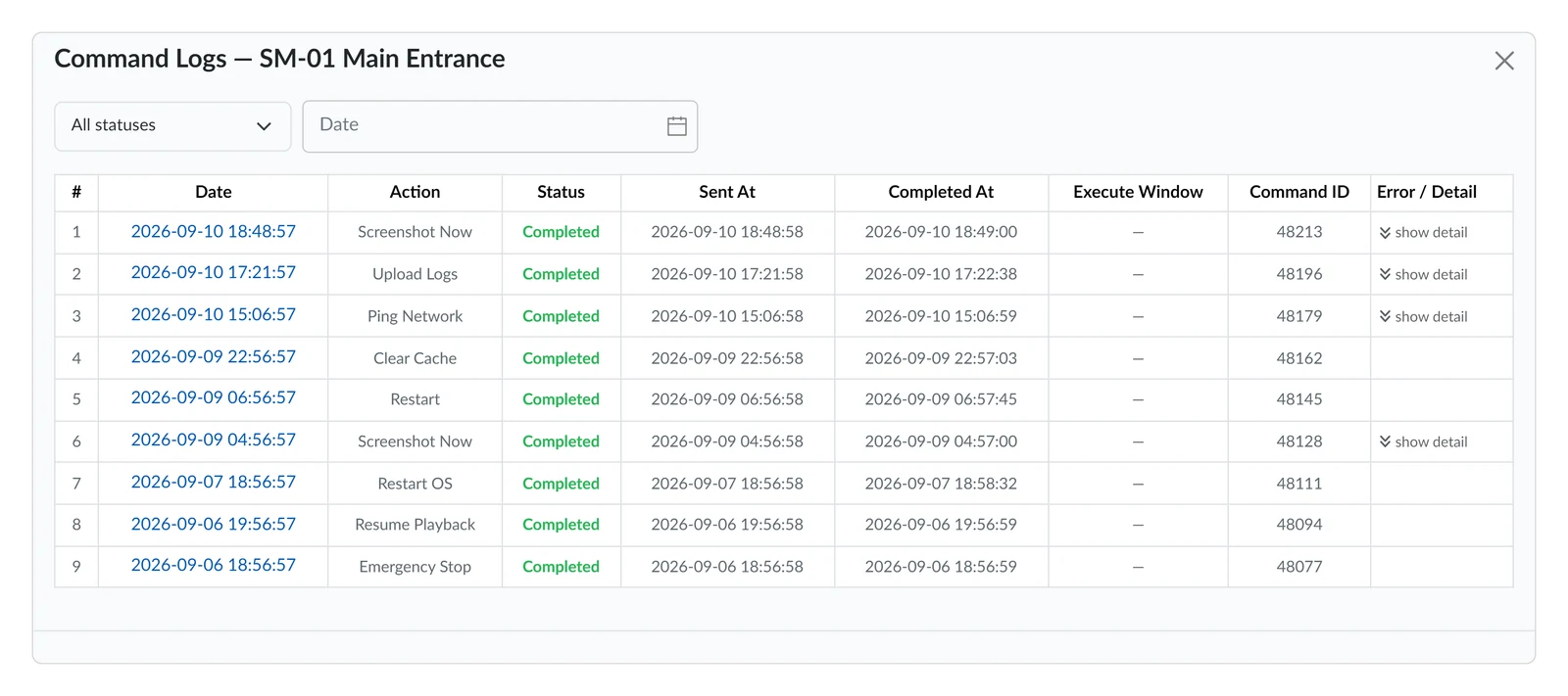 Screen CMS command history with player completion times
