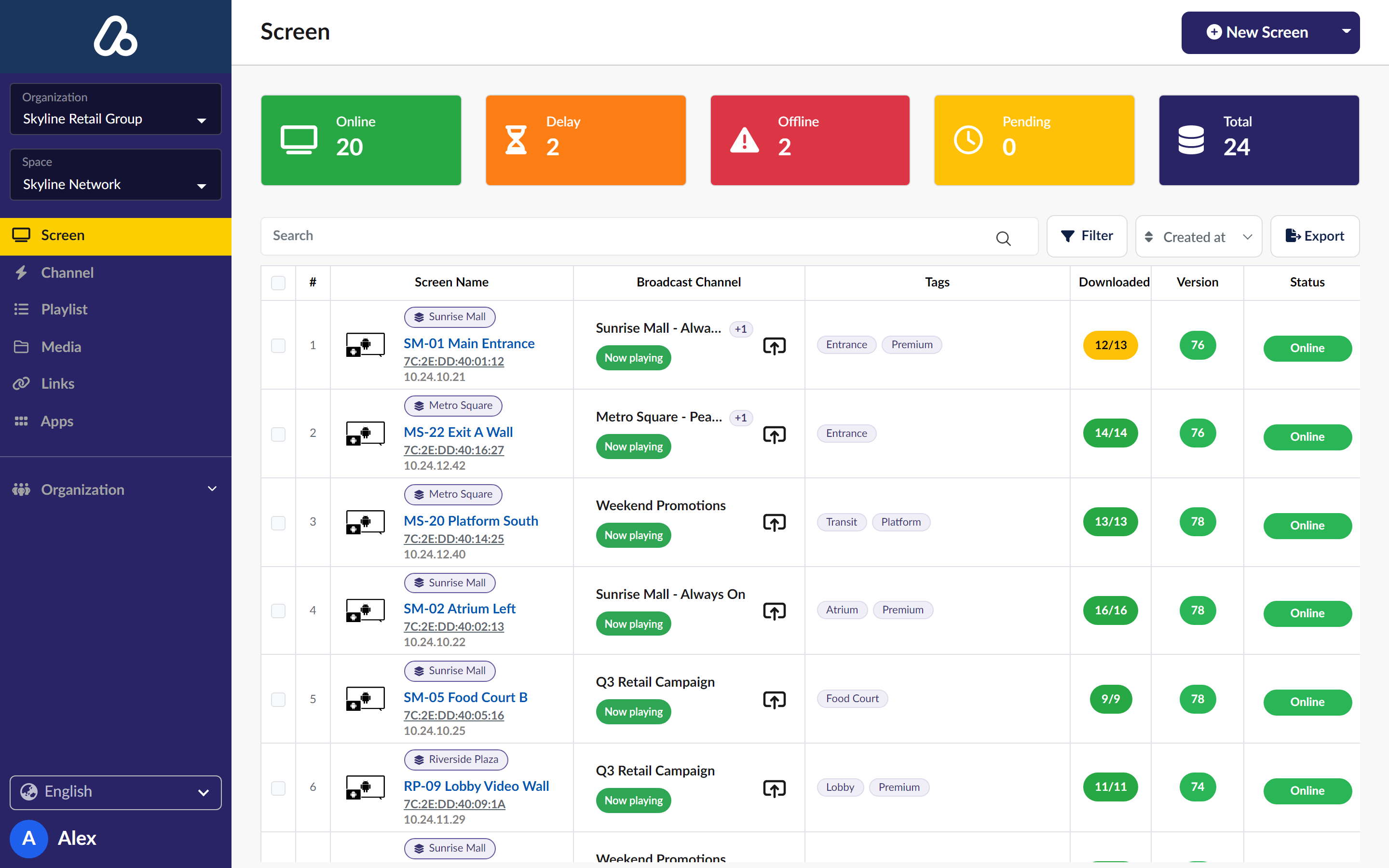 Screen CMS dashboard showing fleet status, venue groups and download progress