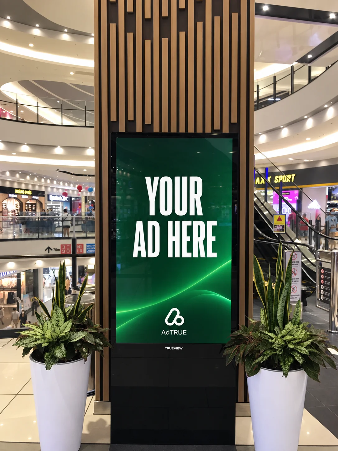 Portrait digital advertising display in an AEON Mall atrium